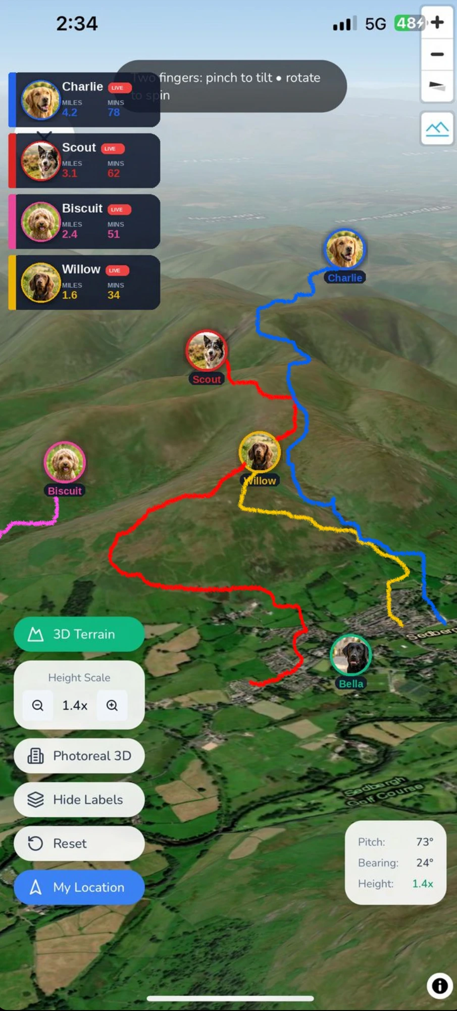The live SnapDog app — track every dog in real time on a real 3D terrain map, with live distance, time and route trails. This is the actual app the tracker links into.